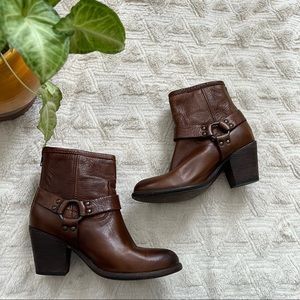 Frye Tabitha Brown Short Leather Heeled Harness Boots